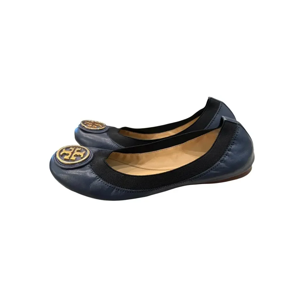 Tory Burch Caroline 2 Ballet Flats Clare Blue/Black Leather Sz 6 w/ Box